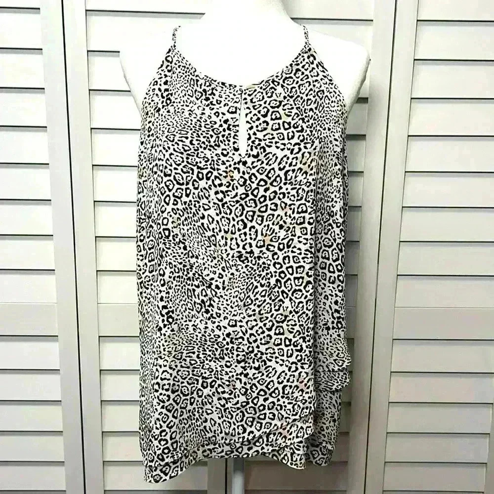 Tahari Leopard Print Halter Layered Keyhole Sleeveless Top Size Medium NWT